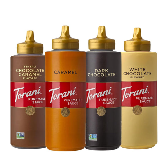 Torani Puremade Dessert & Drink Sauce Variety Pack - Chocolate Caramel, Dark Chocolate, White Chocolate | 16.5 fl oz (Set of 4)