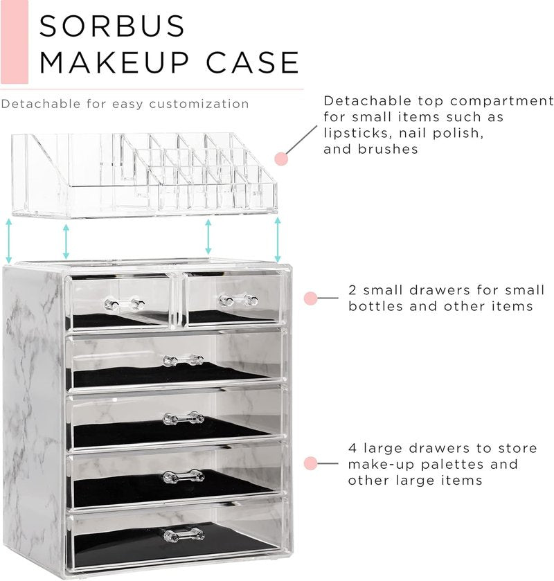 Acrylic Makeup Organizer Set - 6-Drawer Vanity & Countertop Storage | Marble Print for Brushes & Jewelry