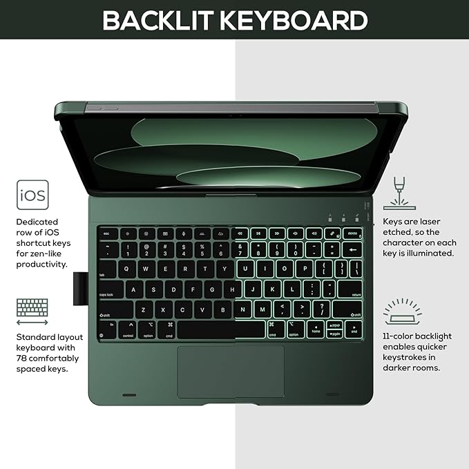 typecase Touch iPad 11th 10th Generation Case with Keyboard (11" 2025, A16 & 10.9" 2022) – 360° Rotatable, 11-Color Backlit, Multi-Touch Trackpad, Pencil Holder, Thin & Light – Midnight Green