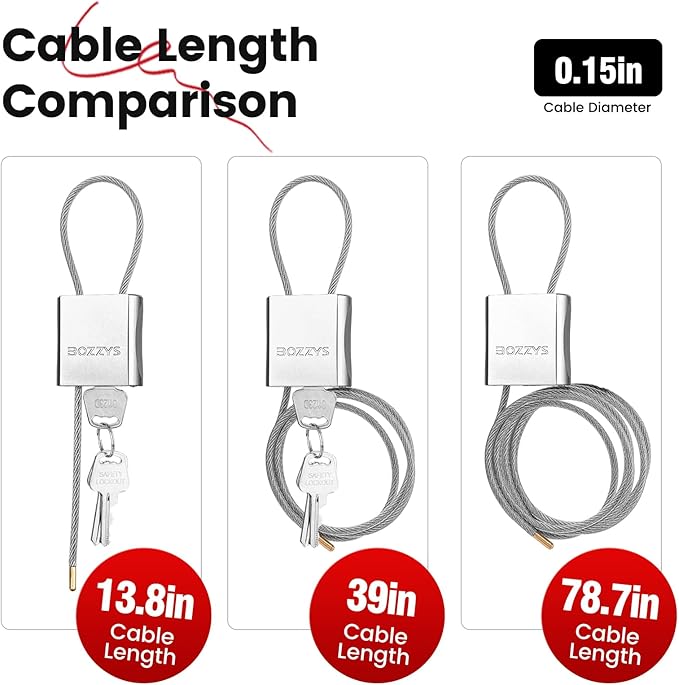 BOZZYS Cable Lock with 3 Keys | L 6.56ft(2m),D 1/6in(4mm) Adjustable Steel Cable Padlock | Aluminum Locks for Bikes, Gate, Lockers & Outdoor Gear | Weatherproof& Silver