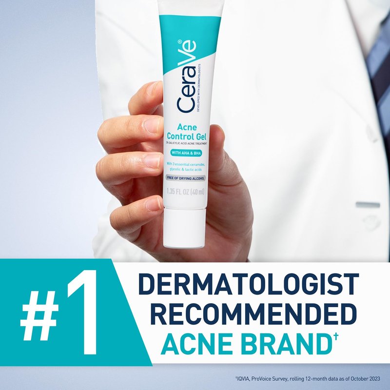 CeraVe Acne Control Gel, 2% Salicylic Acid Treatment With Glycolic Acid + Lactic Acids + Niacniamide, Acne Gel Helps Clear Blemishes Without Over Drying, Alcohol Free & Oil Free, 1.35 Fl Oz