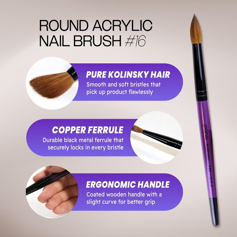 Kolinsky Acrylic Nail Brush - Professional Purple Wood Handle | Size 16, 100% Pure Hair