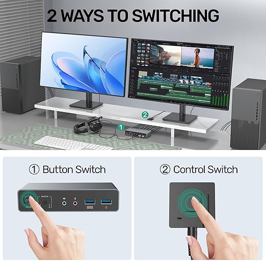 SUIDEK HDMI KVM Switch 2 Monitors 2 Computers - 4K@60Hz Aluminum with 3 USB 3.0 Ports Audio & Microphone Ports Share Dual Monitors Keyboard Mouse Printer - 2 USB Cable Controller Adapter