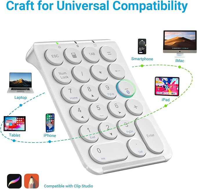 iClever KP08 Wireless Numeric Keypad, 22 Keys Bluetooth Number Pad Portable Number Keyboard, USB-C Rechargeable Numpad, Round Key, Data Entry, Compatible with Laptop, PC Desktop, Mac, Surface,Tablet