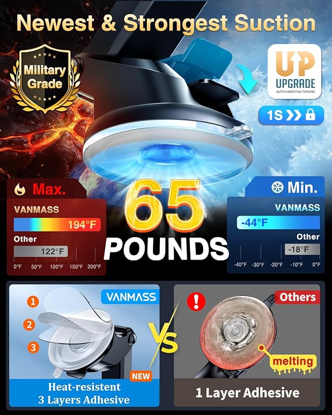VANMASS 2026 【True Military-Grade】 Phone Holders for Your Car 【90 LBS Strongest Suction & Clip】 Ultimate Cell Phone Mount Dashboard Window Vent for iPhone 16 Pro Max 15 14 13 Samsung Android