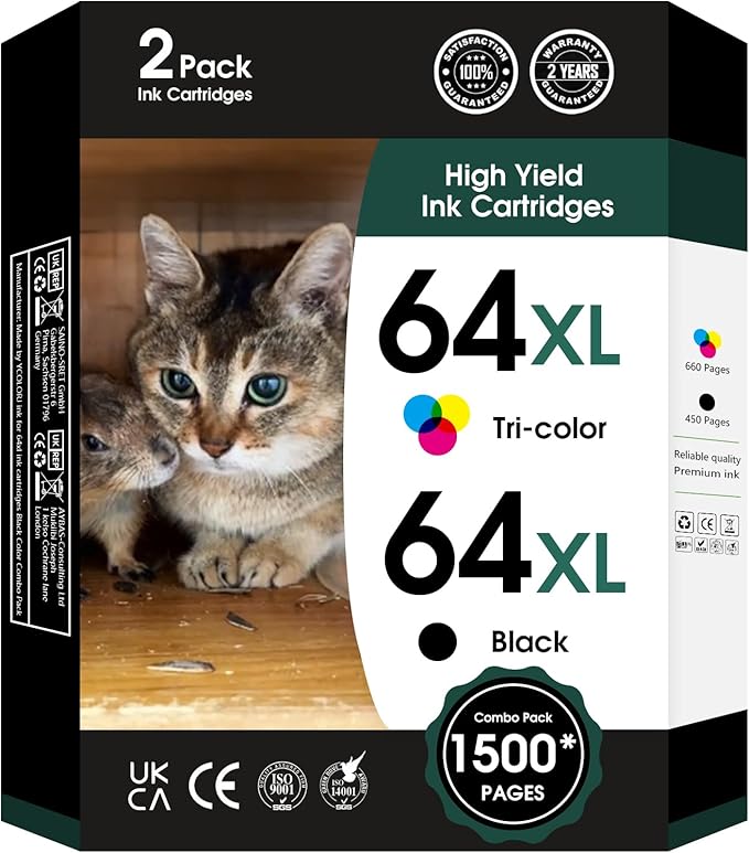 fannster 64XL Ink Cartridge Combo Pack Replacement for HP Ink 64 XL 64XL Black and Color Work for Envy Inspire 7955e 7255e Photo 7155 7855 7858 6222 Tango X Printer (1 Black 1 Tri-Color, 2 Pack)