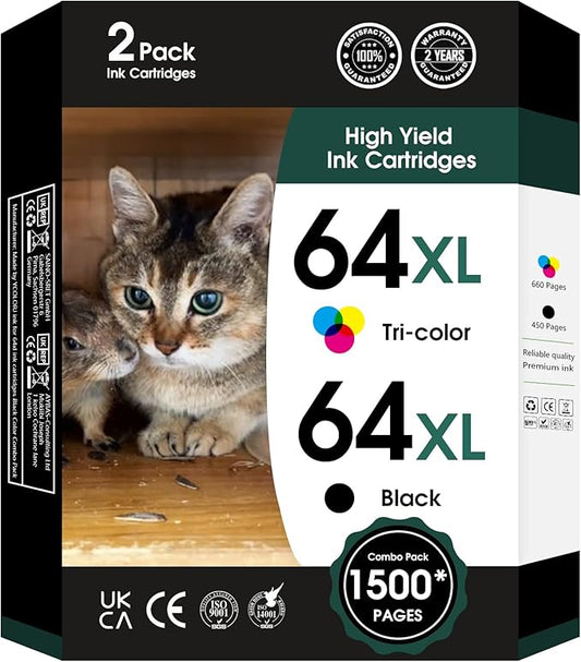 fannster 64XL Ink Cartridge Combo Pack Replacement for HP Ink 64 XL 64XL Black and Color Work for Envy Inspire 7955e 7255e Photo 7155 7855 7858 6222 Tango X Printer (1 Black 1 Tri-Color, 2 Pack)