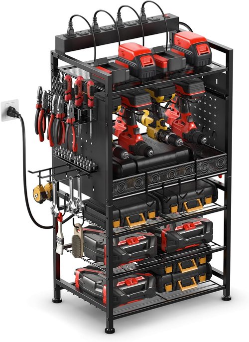 JUNNUJ Power Tool Organizer - Adjustable Floor Stand with Charging Station & 8 Outlet Power Strip | Heavy-Duty Black Utility Shelf