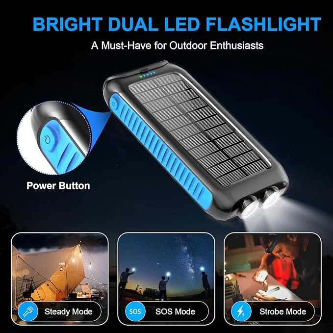 Kepswin Solar Power Bank 49800mAh Portable Solar Phone Charger with LED Flashlight/15W Fast Charge USB C Waterproof External Backup Battery Pack for All Cell Phones & Electronic Devices