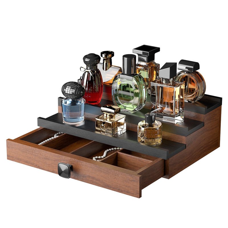 TIRYIUOU Cologne Organizer for Men: with Hidden Vault & Drawer, 3 Tier Wooden Cologne Stand Desktop Perfume Display Shelf, Bedroom Dresser Makeup Lotion Jewelry Storage Organizer ﻿