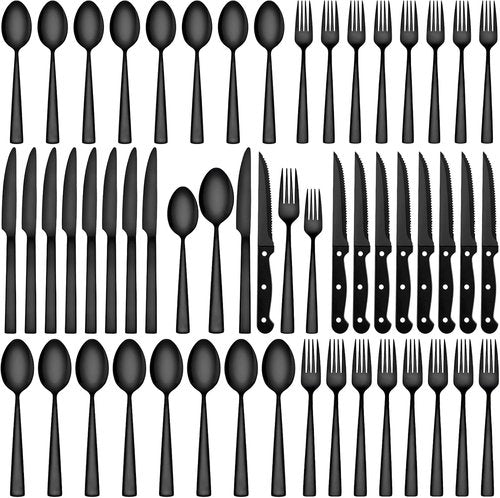 CEKEE 72-Piece Stainless Steel Flatware Set - Elegant Black & Silver Cutlery for 12 with Steak Knives