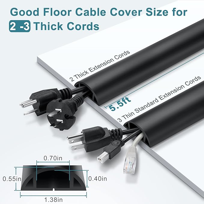 LZEOY 5.5FT Floor Cord Cover, Black Soft Cable Cover Floor, Large Size Extension Cord Covers for Floor, Power Cord Protector Floor Wire Cover - Cord Channel Diameter: 0.7" (W) x 0.4" (H)