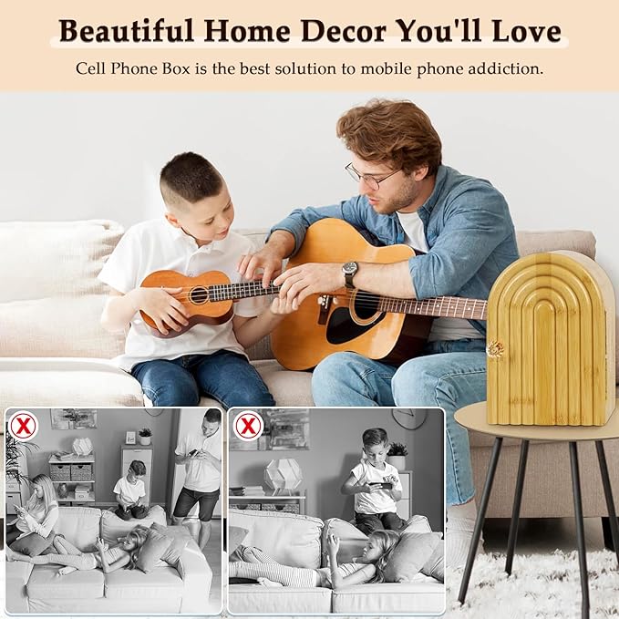 Lzttyee Phone Box for Family Time, Bamboo Cell Phone Jail, 3 Sections Hold 6 Phones, with Charging Holes, Phone Holder Self-Discipline Box, Help Kids Adults Focus Back, Mobile Phone Addiction (Wood)
