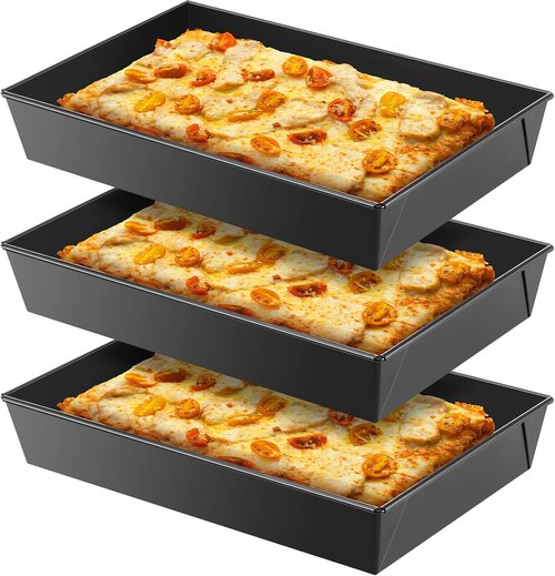 Detroit Style Pizza Pan Set - Non-Stick Deep Rectangle Bakeware | Pre-Seasoned Carbon Steel, 10 x 14 x 2.36 Inch