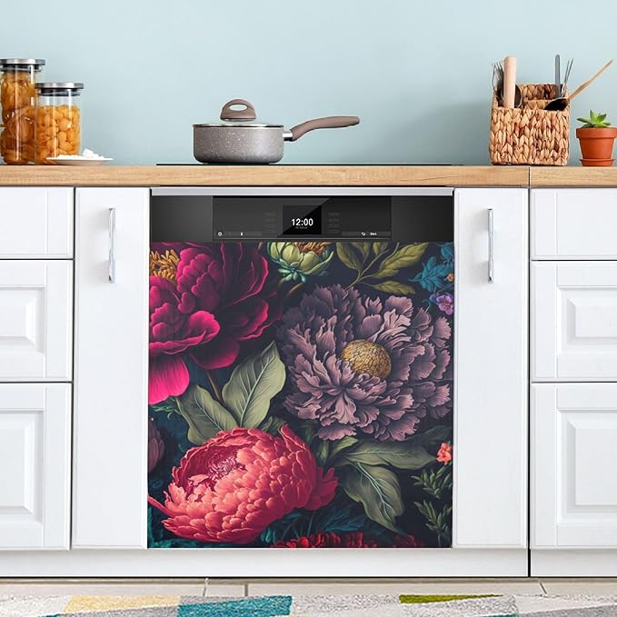 Vnurnrn Vivid Flowers Dishwasher Magnet Cover, Dish Washer Cover for Kitchen Decor, Easily Trimmable Dishwasher Sticker Refrigerator Magnetic Cover 23×26 in
