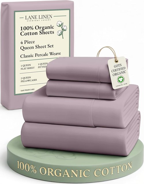 LANE LINEN Queen Size Sheet Set - 100% Organic Cotton, Breathable Percale Weave, Deep Pocket | Lilac, 4 Pc