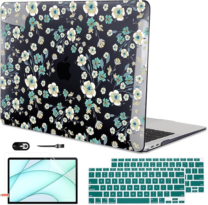 LCMOCICO for MacBook Air 13 inch Case 2021 2020 2019 2018 Release M1 A2337 A2179 A1932, Pritned Pattern Plastic Hard Case Cover for MacBook Air 13 M1 with Retina Display Touch ID, Small Green Flowers