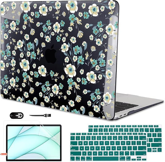 LCMOCICO for MacBook Air 13 inch Case 2021 2020 2019 2018 Release M1 A2337 A2179 A1932, Pritned Pattern Plastic Hard Case Cover for MacBook Air 13 M1 with Retina Display Touch ID, Small Green Flowers
