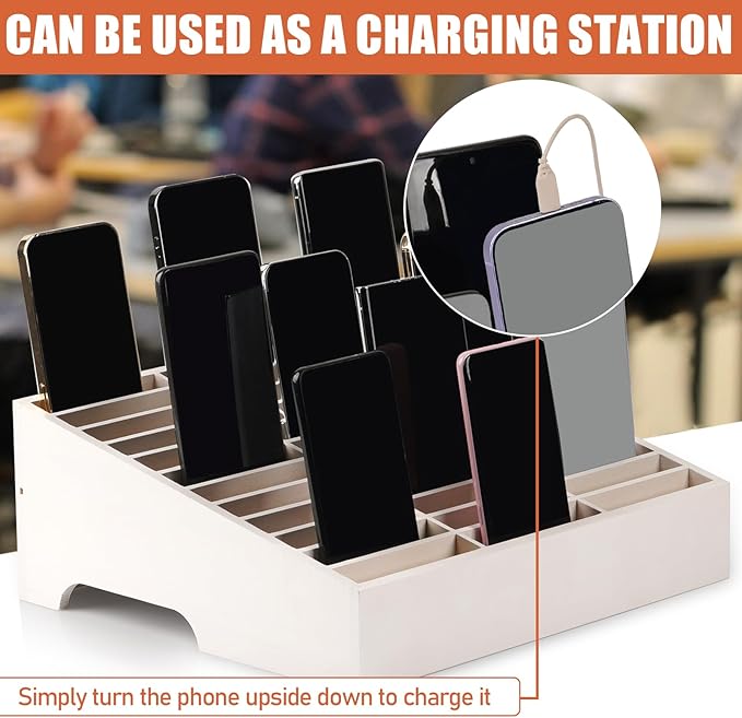 Lzttyee Wooden 36-Grid Cell Phones Storage Box Desktop Mobile Phone Holder Organizer for Office School Classroom (36-Grid White)