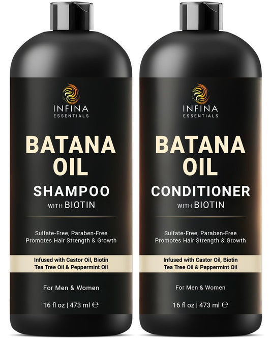 INFINA ESSENTIALS Batana Oil Shampoo and Conditioner Set | 16 fl oz Each | with Biotin & Tea Tree | Moisturizing, Strengthening & Nourishing Formula | Promotes Hair Growth and Thickness