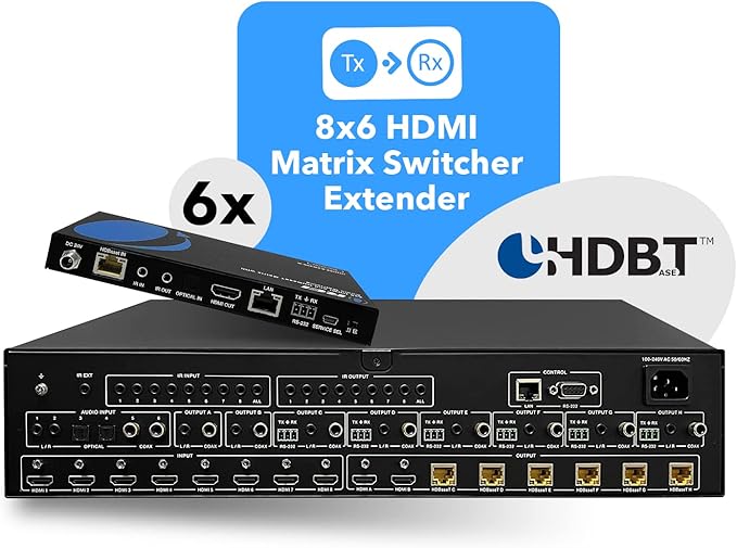 OREI 8x16 HDMI Matrix Switch 4K@60Hz with HDBaseT – 8 Input 16 Output HDMI Matrix Extender up to 300ft, HDR, Dolby Vision, 4K to 1080p Downscaling, IR, RS-232, LAN