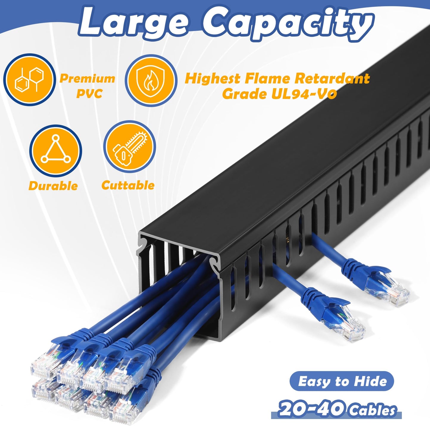 ZhiYo 2 x 2in Professional Server Rack Cable Management Raceway, 99in (6X L16.5in) Cable Raceway Kit, Electrically Safe PVC Open Slot Wire Raceway for Under Desk/Computer/Network Cords, Black