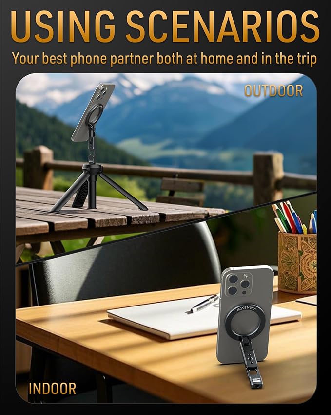 MOSENVKA Magnetic Phone Tripod Mount With 1/4" Hole&Cold Shoe,Foldable Travel Phone Stand Smartphone Tripod Adapter for iPhone Cell Phone Stand Holder for Desktop Video Live Streaming Vlogging Filming