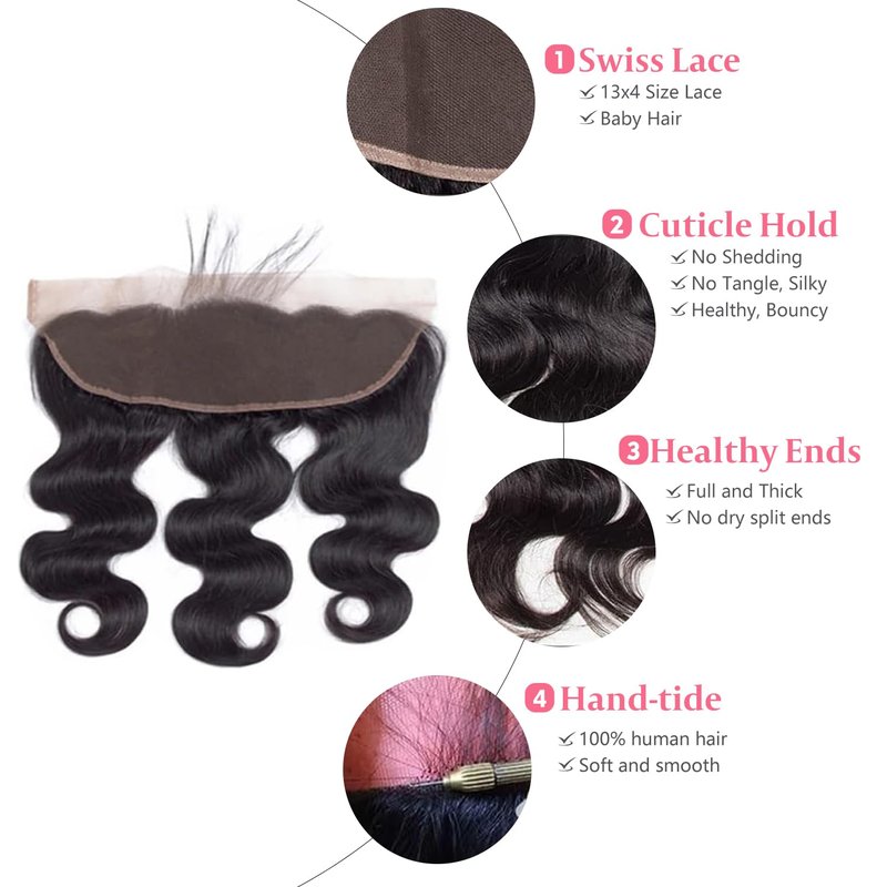 13x4 Lace Frontal Closure Body Wave Human Hair Ear to Ear HD Lace Frontal Closure Free Part Brazilian Body Wave Hair Extensions 150% Density Human Hair Pre Plucked with Baby Hair 16 Inch