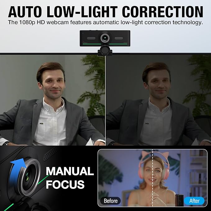 Gsou 1080P Webcam with Mics, Auto Light Correction,USB Plug&Play,Privacy Cover, Computer camera Connect Bluetooth Headset/Earphone/Speaker, Full HD Webcam for High-End Business Meetings&Live Streaming