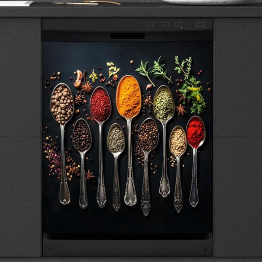 Spices Herbs Spoons Dishwasher Magnet Cover Decorative Refrigerator Covers Magnetic Reusable Dishwasher Door Cover Kitchen Appliance Sticker Cover 23x26Inch