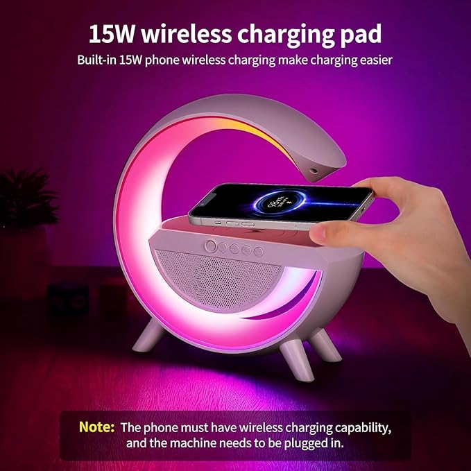 Pxujoqecg Table Lamp with Bluetooth Speaker, G Bedside Light with 15W Wireless Charger, Atmosphere Lighting with Alarm Clock, RGB Bedside Nightstand Table, Hi-Fi Sound, Time Display