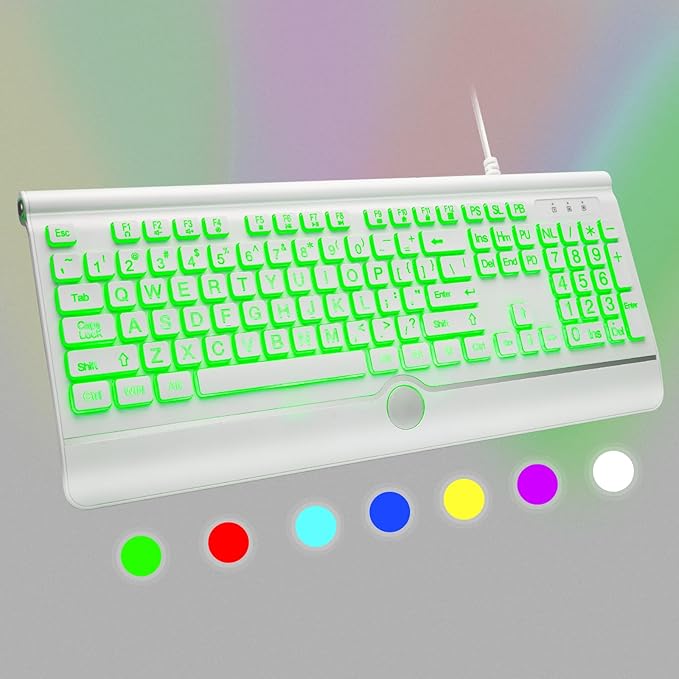 KOPJIPPOM USB Wired Keyboard with Large Print Backlit Keys, 7 Color LED Backlight, Ergonomic Wrist Rest, Spill-Resistant Design, Full-Size Computer Keyboard with Number Pad, for PC Desktop Laptop