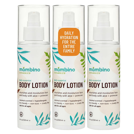 Mambino Organics Daily Essential Face & Body Lotion, Hydrating Body Lotion with Coconut, Aloe & Tamanu Oil, Lightweight Moisturizer for Dry Skin, Vegan & Cruelty-Free Skin Care, 5 fl oz (3-Pack)