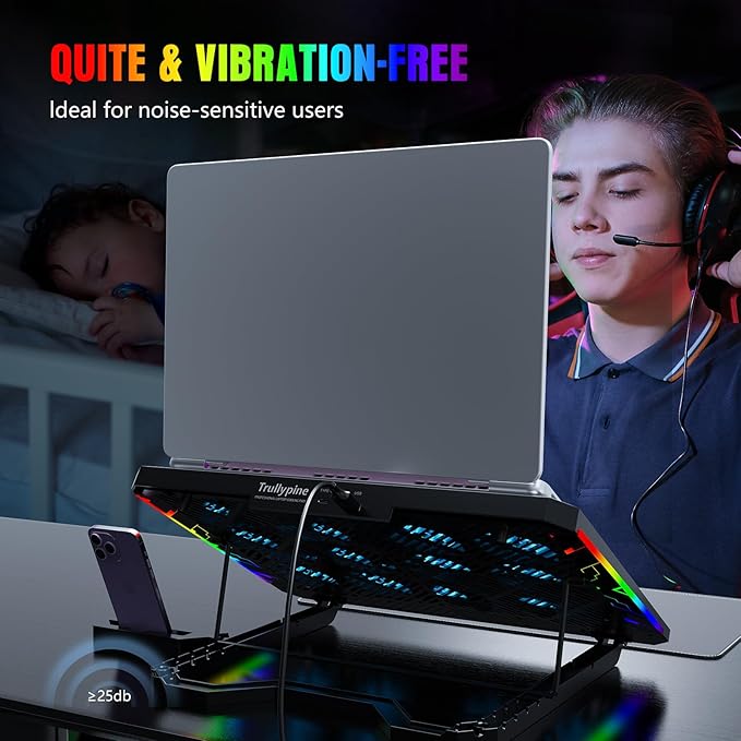 Trullypine Laptop Cooling Pad with 12 Quiet Fans, Slim Portable for 12-17.3 Inch Laptop Cooler Stand, RGB Lighting, with 5 Height Adjustable, Gaming Cooling Fan Pad,Two USB Ports, Phone Holder (LCD)
