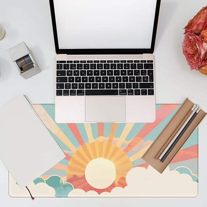 KOAIWPAE Large Gaming Mouse Pad for Desk, Boho Pastel Sun Desk Mat, Colorful Sunshine Desk Pad, 31.5"x15.7" Extended Big Computer Keyboard Mouse Pad with Non-Slip Base and Stitched Edge