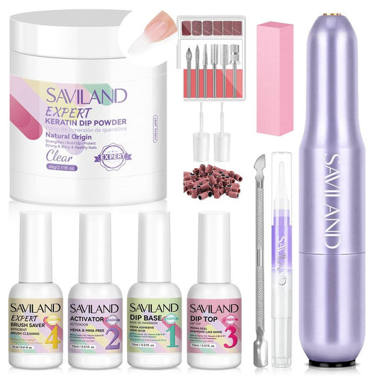 SAVILAND Clear Dip Powder Nail Kit with Electric Nail Drill: 60g/2.1oz Clear Dipping Powder for Nails with Dip Nail Liquid Set Base Activator & Top Coat Brush Saver Builder Repair Kit Home Manicure