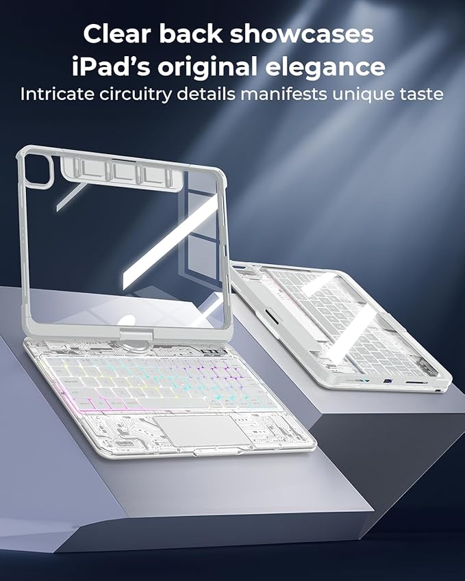 TSQQST Clear Wireless Keyboard Case for iPad (A16) 11th Generation 11-inch 2025/ iPad 10th Generation 10.9-inch 2022 with Pencil Holder & Multi-Touch Trackpad, 7-Color Backlit, 360 Rotatable, White