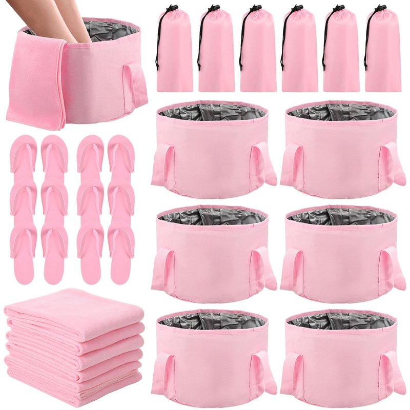 FillTouch Pink Foldable Foot Bath Kit - 15L Soaking Tub, Collapsible Towels & Slippers for Spa Parties | Portable Pedicure Set