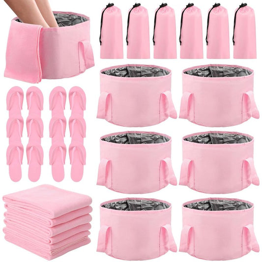 FillTouch Pink Foldable Foot Bath Kit - 15L Soaking Tub, Collapsible Towels & Slippers for Spa Parties | Portable Pedicure Set