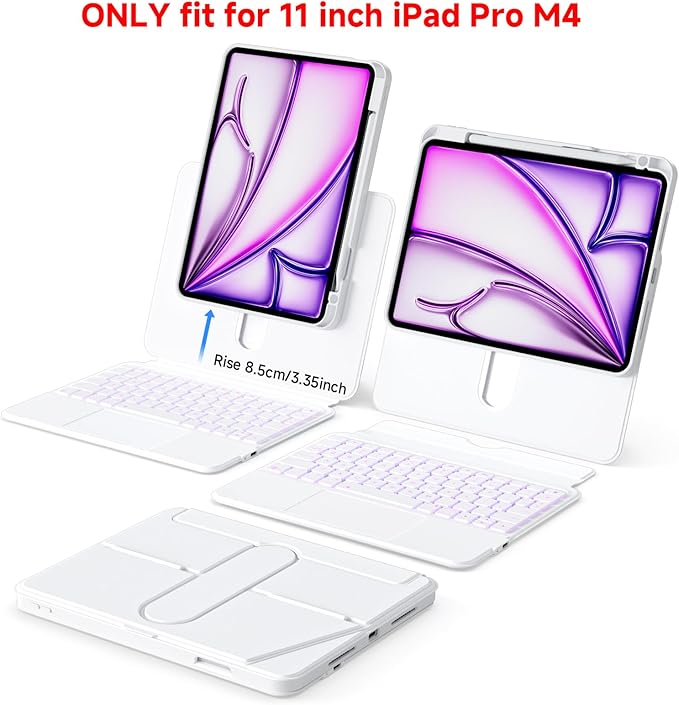 Tiaota for iPad Pro 11-inch (M4, 2024) Keyboard Case with Multi-Touch Trackpad, 360° Rotating Magnetic Stand, Detachable Protective Cover, Portrait & Raised Modes, 7-Color Backlight – White
