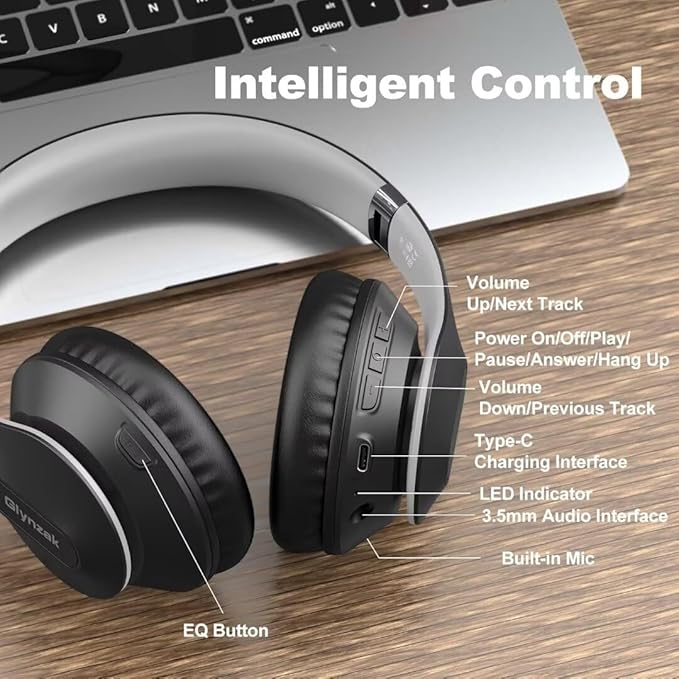 Glynzak Wireless Bluetooth Headphones Over Ear 65H Playtime HiFi Stereo Headset with Microphone and 6EQ Modes Foldable Bluetooth V6.0 Headphones for Travel Smartphone Computer Laptop