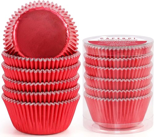 Caperci Red Foil Cupcake Liners - Premium Greaseproof Baking Cups, Standard Size, 150-Pack