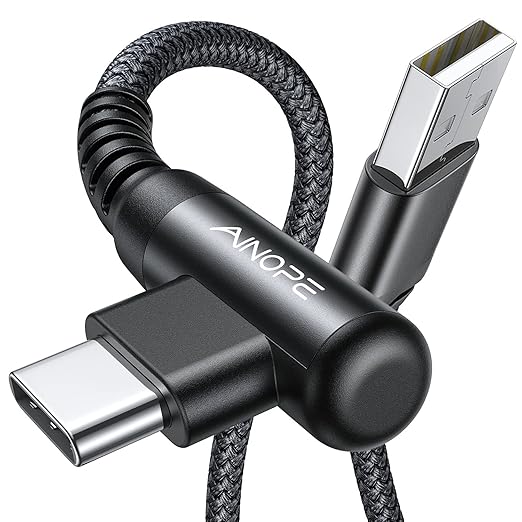 AINOPE Type C Charging Cable Fast Charge 3.1A Right Angle USB C Charger Cable, Resistant Nylon Braided USB C Cord -10ft/3m Black