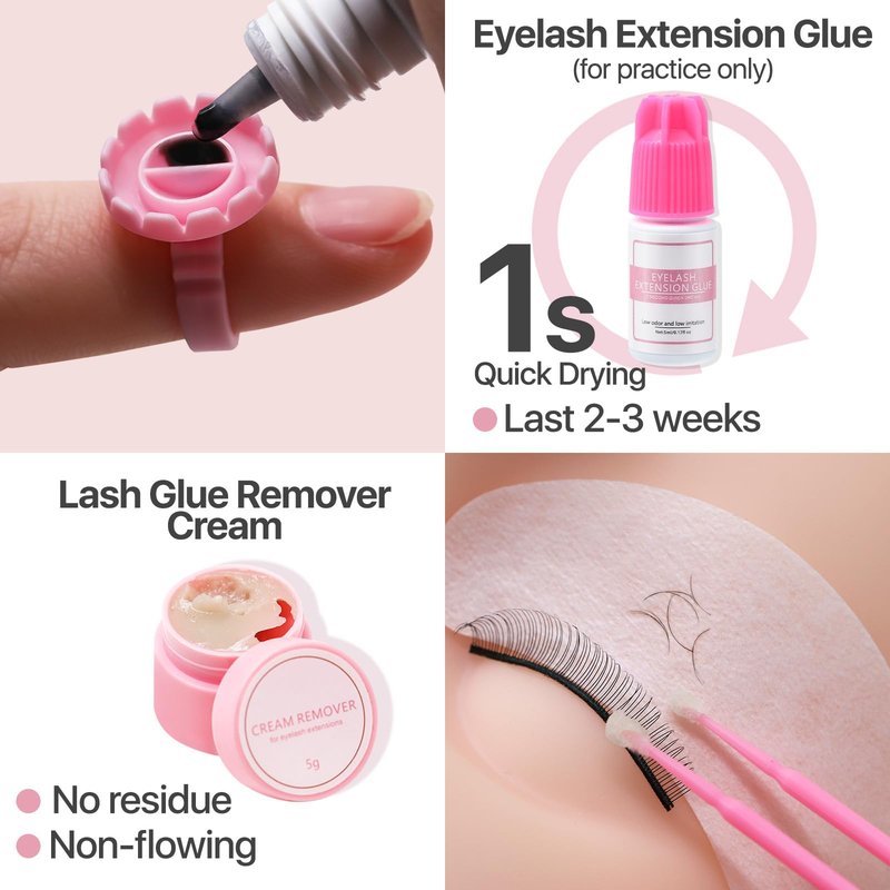Vznffur Lash Extension kit for Beginners, Eyelash Extension Kit with Mannequin Head, Lash Starter Kit with Everything Eyelash Glue USB Fan Cosmetology Esthetician Supplies for Practice Training