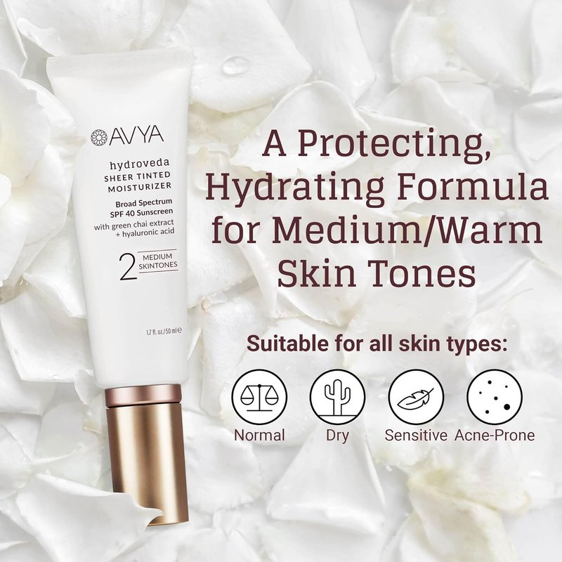 AVYA Sheer Tinted Moisturizer SPF 40 with Hyaluronic Acid - Ayurvedic Skincare for Balanced, Brighter Skin | Medium Shade #2 (1.7oz/50ml)