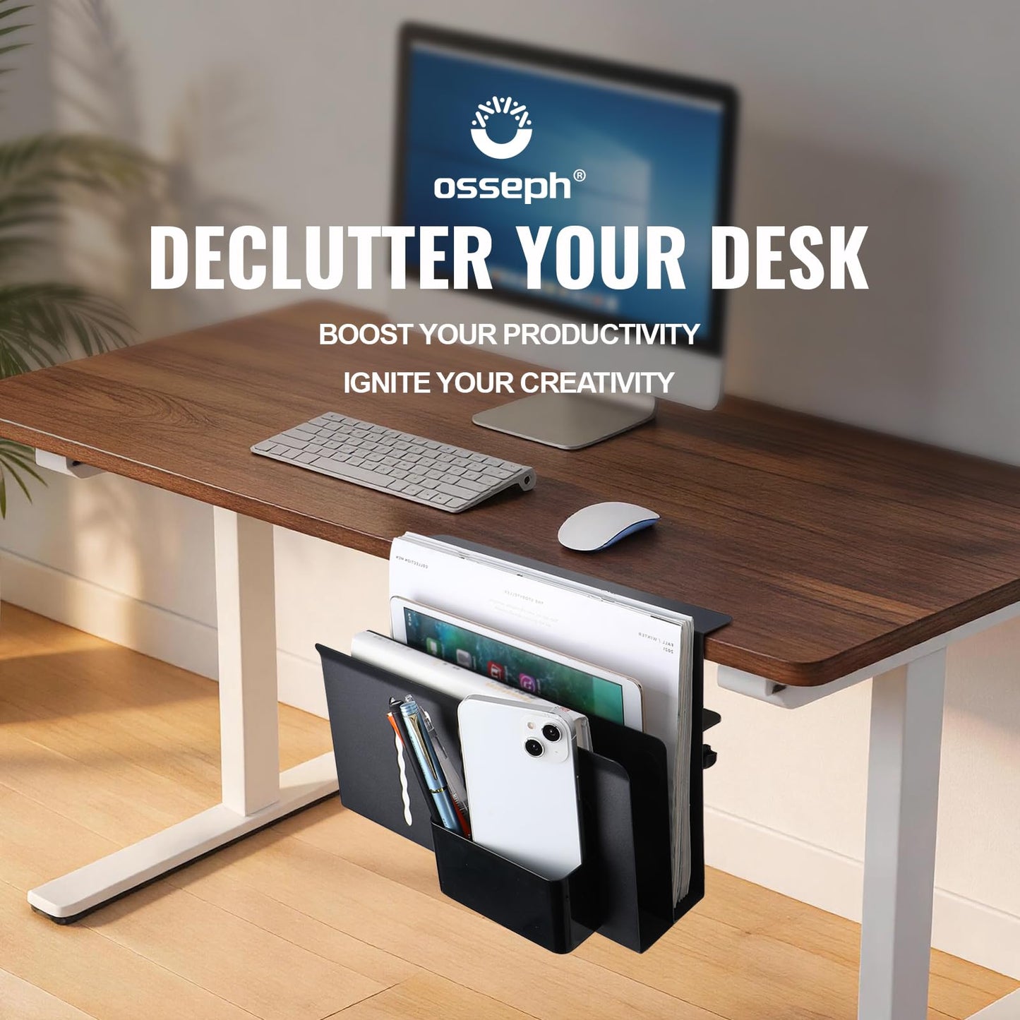 osseph 2 Tier Desk Side Storage Organizer, Under Desk Laptop Holder, No Drill Hanging Desks Caddy for Office & Home, Clamp On Desk Shelf for Tablet, Files, Accessories, Load 30Lbs