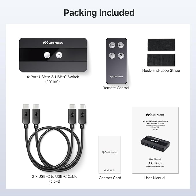 Cable Matters USB C Switch for 2 Computers, Share 2 USB-A and 2 USBC Peripherals (Keyboard, Mouse, Printer, SSD)-(No Video, No Host Charging)-10Gbps Data Transfer, Remote Control, Data Only