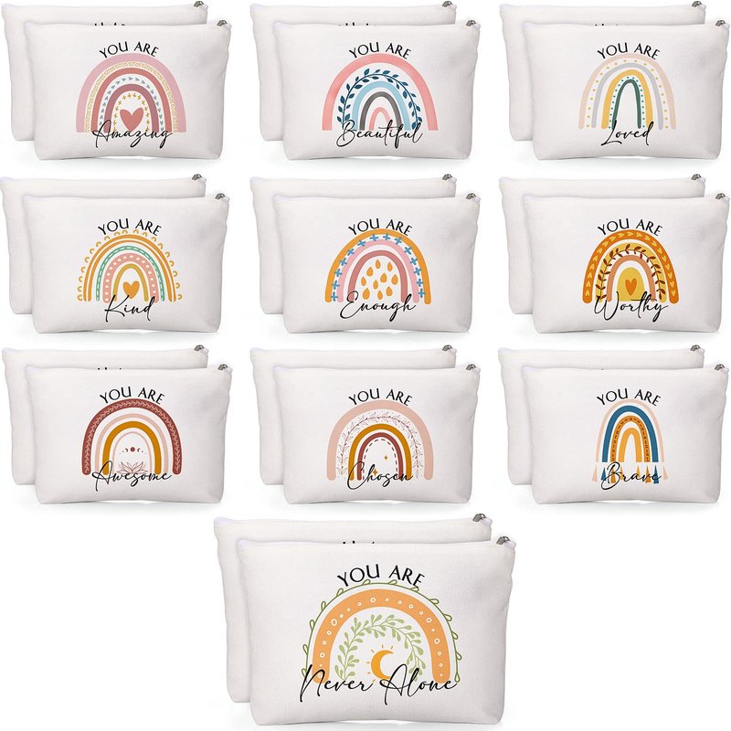 Coume 40 Pcs Teacher Appreciation Gifts Nurses Rainbow Canvas Makeup Bags Bulk Inspirational Quotes Gifts for Women with Zipper for Employee Coworker Staff Group Office
