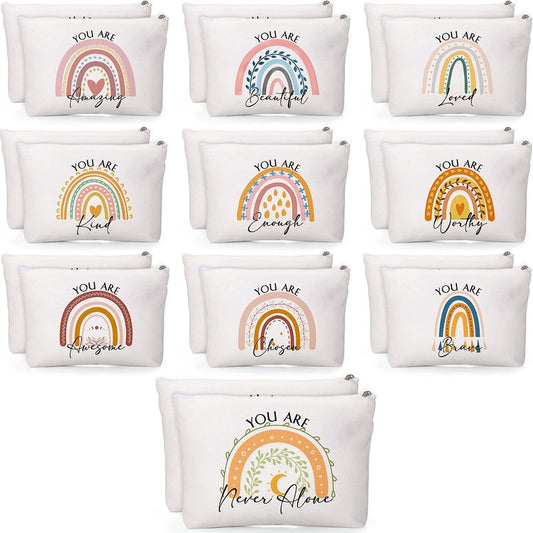 Coume 40 Pcs Teacher Appreciation Gifts Nurses Rainbow Canvas Makeup Bags Bulk Inspirational Quotes Gifts for Women with Zipper for Employee Coworker Staff Group Office