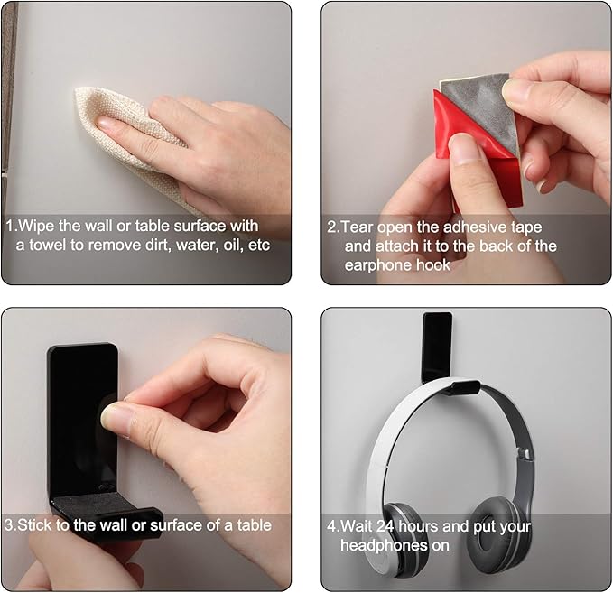 Weewooday 4 Pieces Headphone Hanger Headset Stand Holder Adhesive Wall Mount Headphone Hook for Desk Acrylic Gaming Earphones Hanger with Glues for Earphone Controller(Black)